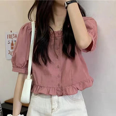 Korean Summer Ruffle Elegant Chiffon Cool Blouse Women Youthful Cute Cropped Tops Chic Short sleeve Feminine Shirt