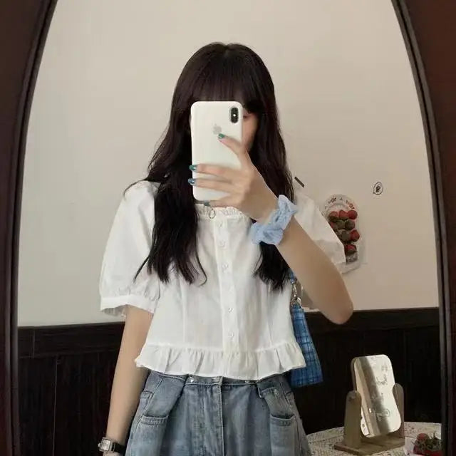 Korean Summer Ruffle Elegant Chiffon Cool Blouse Women Youthful Cute Cropped Tops Chic Short sleeve Feminine Shirt