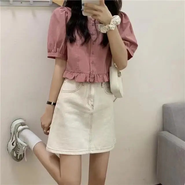 Korean Summer Ruffle Elegant Chiffon Cool Blouse Women Youthful Cute Cropped Tops Chic Short sleeve Feminine Shirt