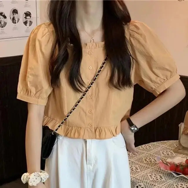 Korean Summer Ruffle Elegant Chiffon Cool Blouse Women Youthful Cute Cropped Tops Chic Short sleeve Feminine Shirt
