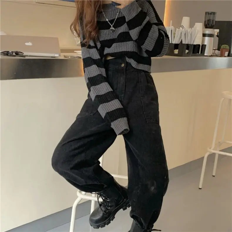 New Korean Style Striped Cropped Sweater Women Vintage Oversize Knit Jumper Female Autumn Long Sleeve O-neck Pullovers Tops