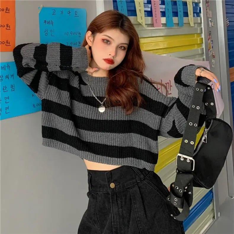 New Korean Style Striped Cropped Sweater Women Vintage Oversize Knit Jumper Female Autumn Long Sleeve O-neck Pullovers Tops