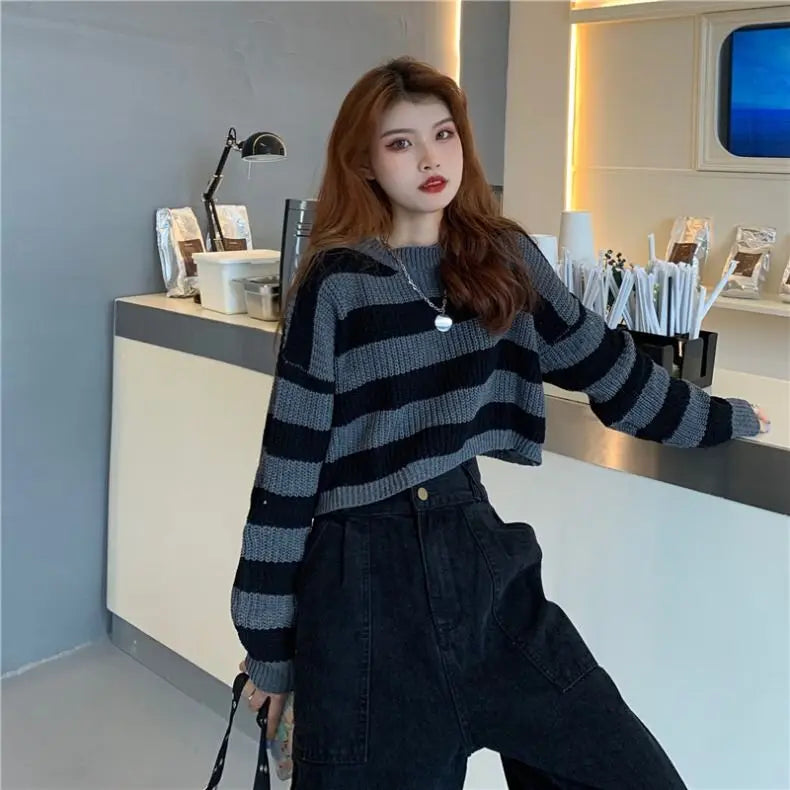 New Korean Style Striped Cropped Sweater Women Vintage Oversize Knit Jumper Female Autumn Long Sleeve O-neck Pullovers Tops