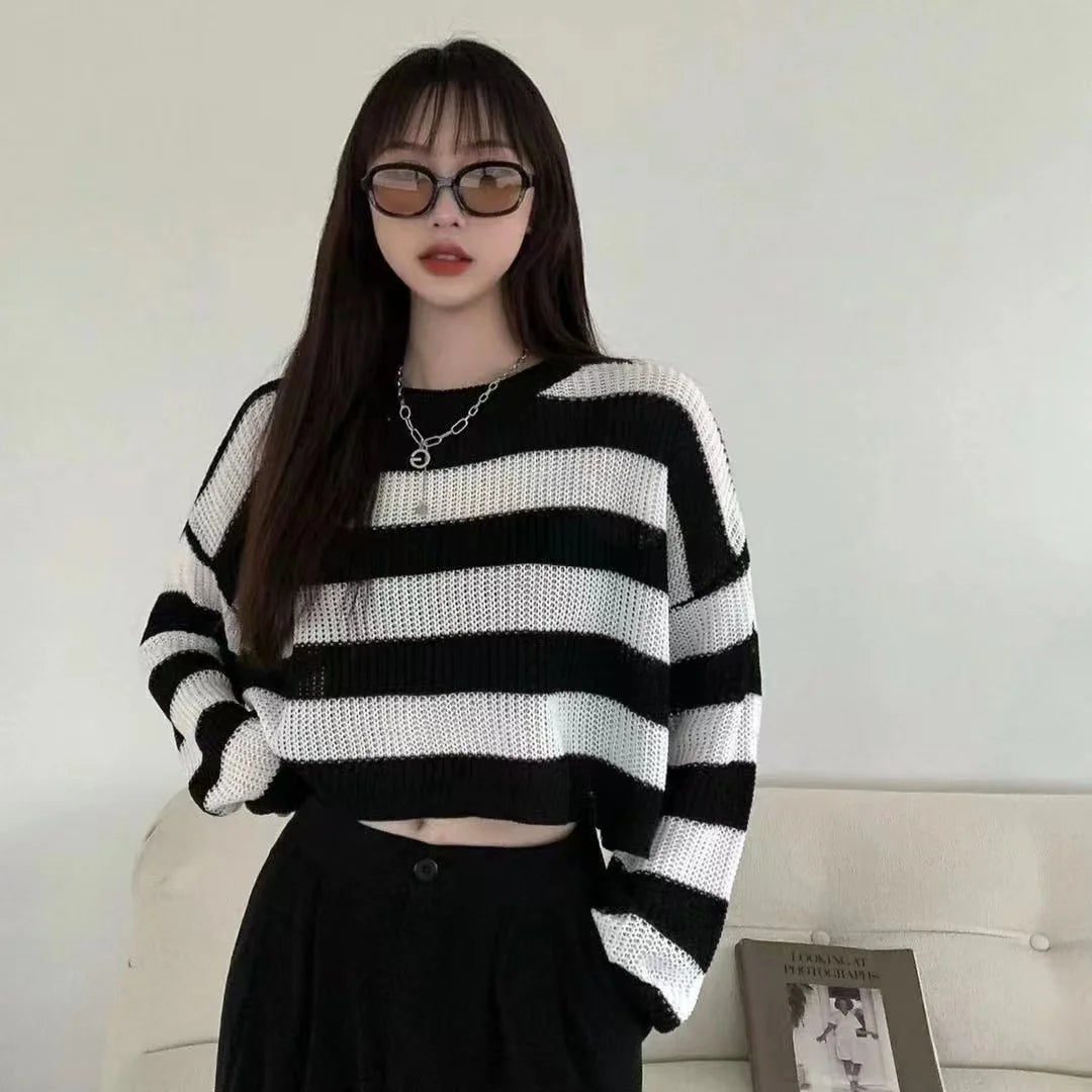 New Korean Style Striped Cropped Sweater Women Vintage Oversize Knit Jumper Female Autumn Long Sleeve O-neck Pullovers Tops