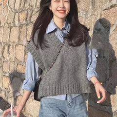 Grey Sleeveless Vest Knitted Vest Women's Autumn and Winter Korean Sweet Style Outerwear Sweater V-neck Casual Knitted Vest