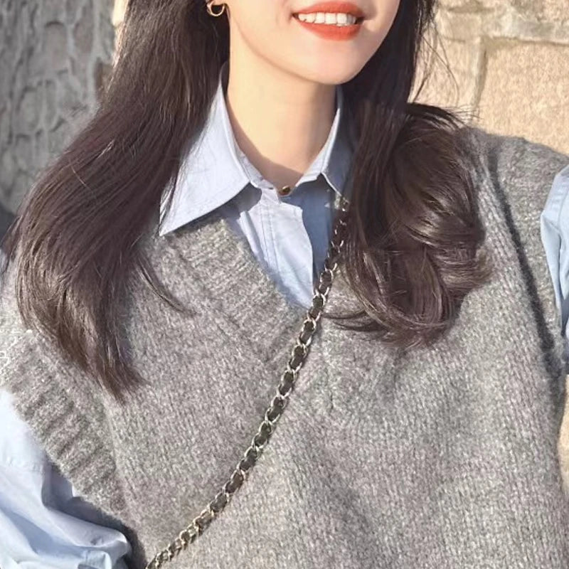 Grey Sleeveless Vest Knitted Vest Women's Autumn and Winter Korean Sweet Style Outerwear Sweater V-neck Casual Knitted Vest