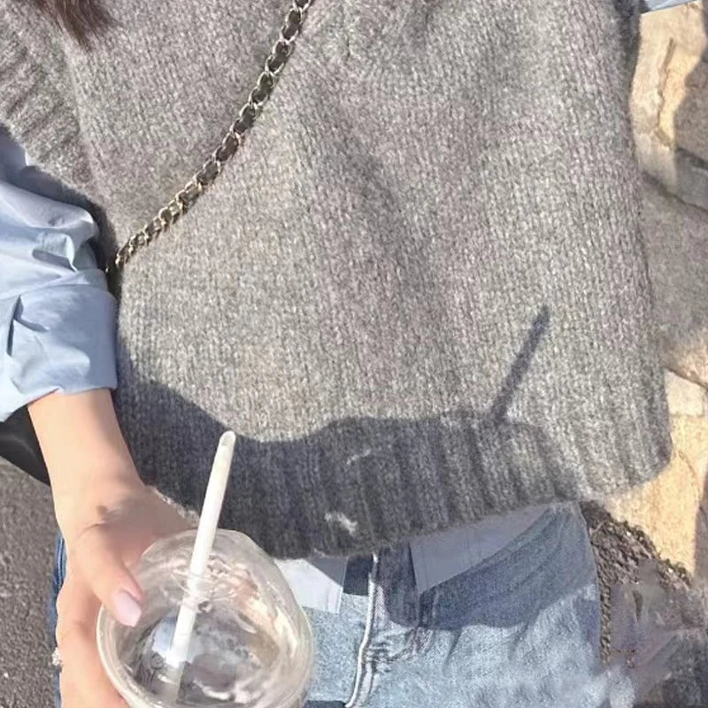 Grey Sleeveless Vest Knitted Vest Women's Autumn and Winter Korean Sweet Style Outerwear Sweater V-neck Casual Knitted Vest