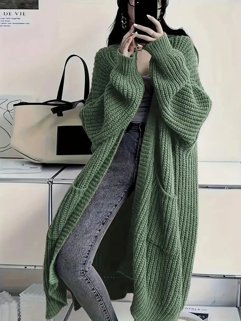 Women's Solid Open Front Knit Cardigan with Pockets - Casual Long Sleeve Sweater for Comfortable Layering