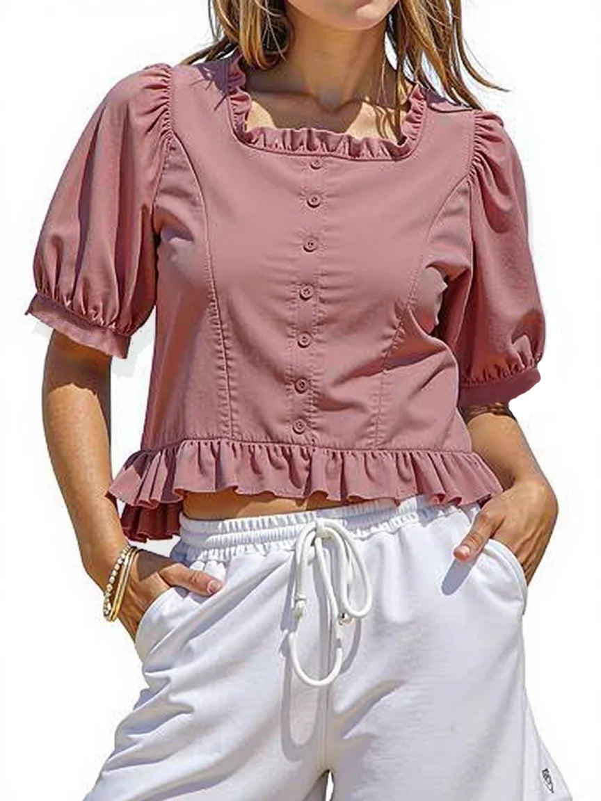 Korean Summer Ruffle Elegant Chiffon Cool Blouse Women Youthful Cute Cropped Tops Chic Short sleeve Feminine Shirt