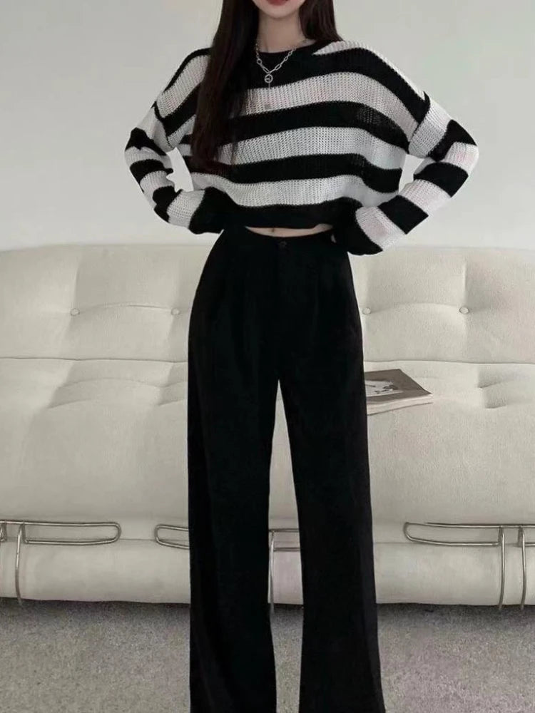 New Korean Style Striped Cropped Sweater Women Vintage Oversize Knit Jumper Female Autumn Long Sleeve O-neck Pullovers Tops