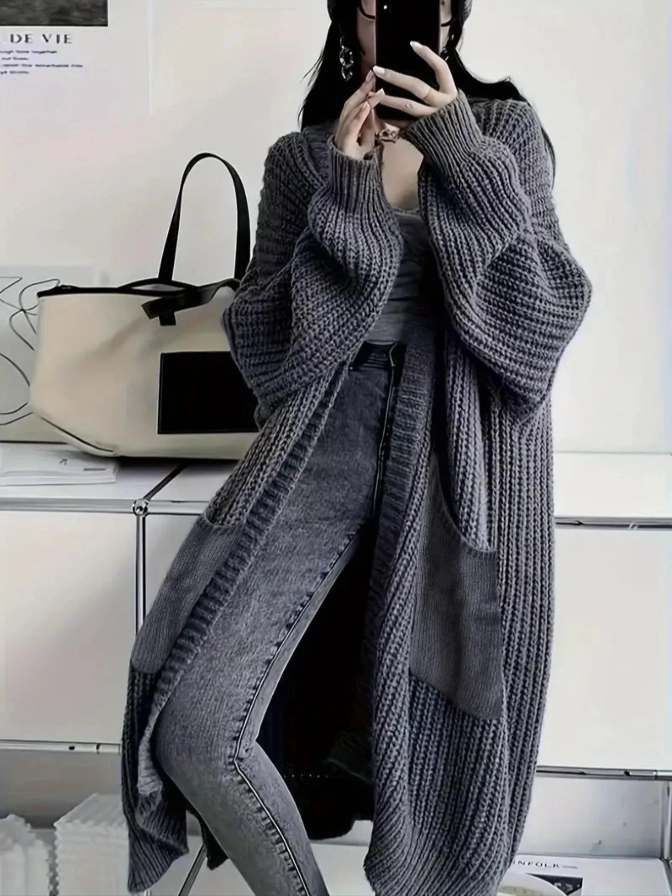 Women's Solid Open Front Knit Cardigan with Pockets - Casual Long Sleeve Sweater for Comfortable Layering