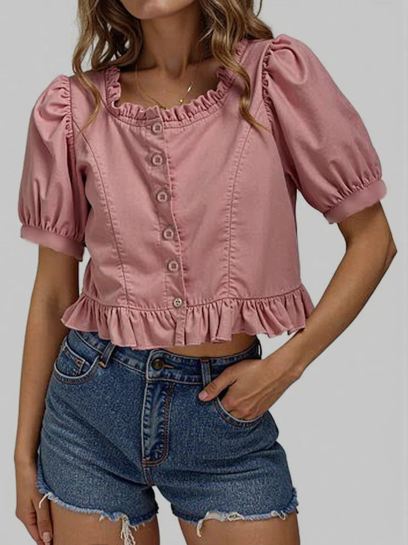 Korean Summer Ruffle Elegant Chiffon Cool Blouse Women Youthful Cute Cropped Tops Chic Short sleeve Feminine Shirt