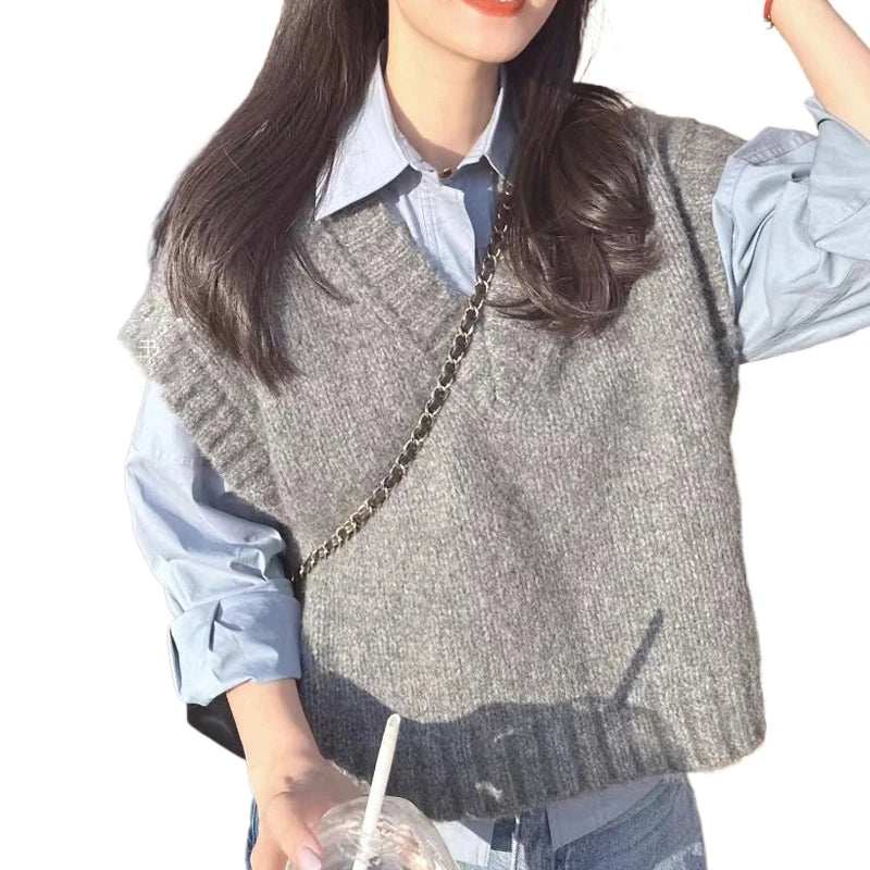 Grey Sleeveless Vest Knitted Vest Women's Autumn and Winter Korean Sweet Style Outerwear Sweater V-neck Casual Knitted Vest